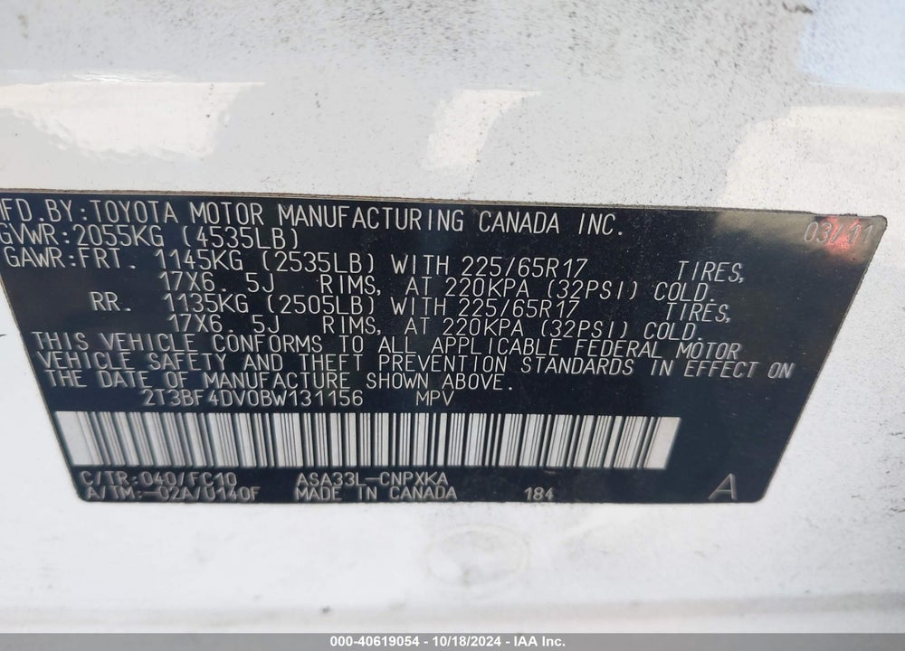 2011 TOYOTA RAV4 VIN: 2T3BF4DV0BW131156