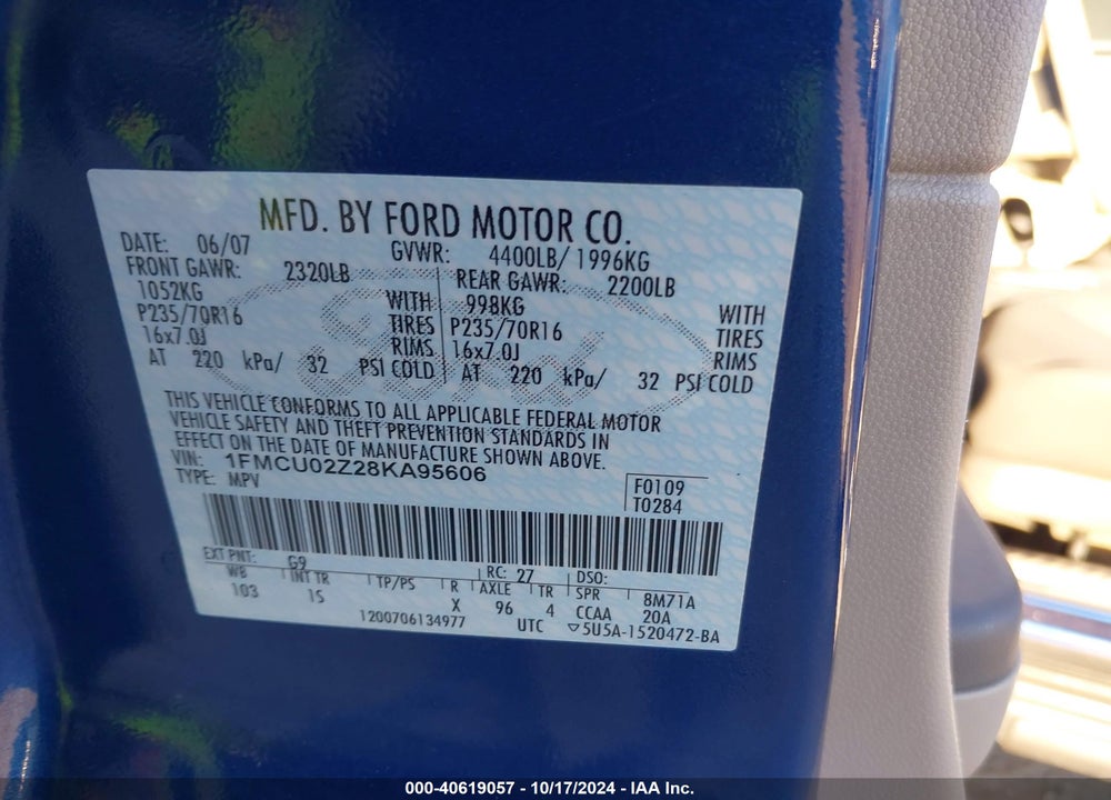2008 FORD ESCAPE XLS/XLS MANUAL VIN: 1FMCU02Z28KA95606