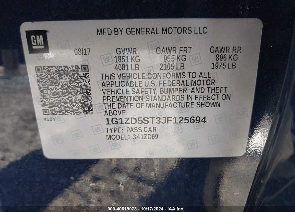 2018 CHEVROLET MALIBU LT VIN: 1G1ZD5ST3JF125694