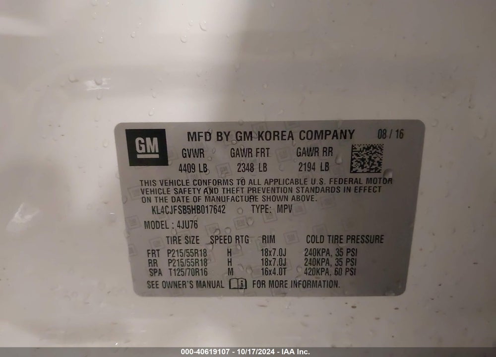 2017 BUICK ENCORE PREFERRED II VIN: KL4CJFSB5HB017642