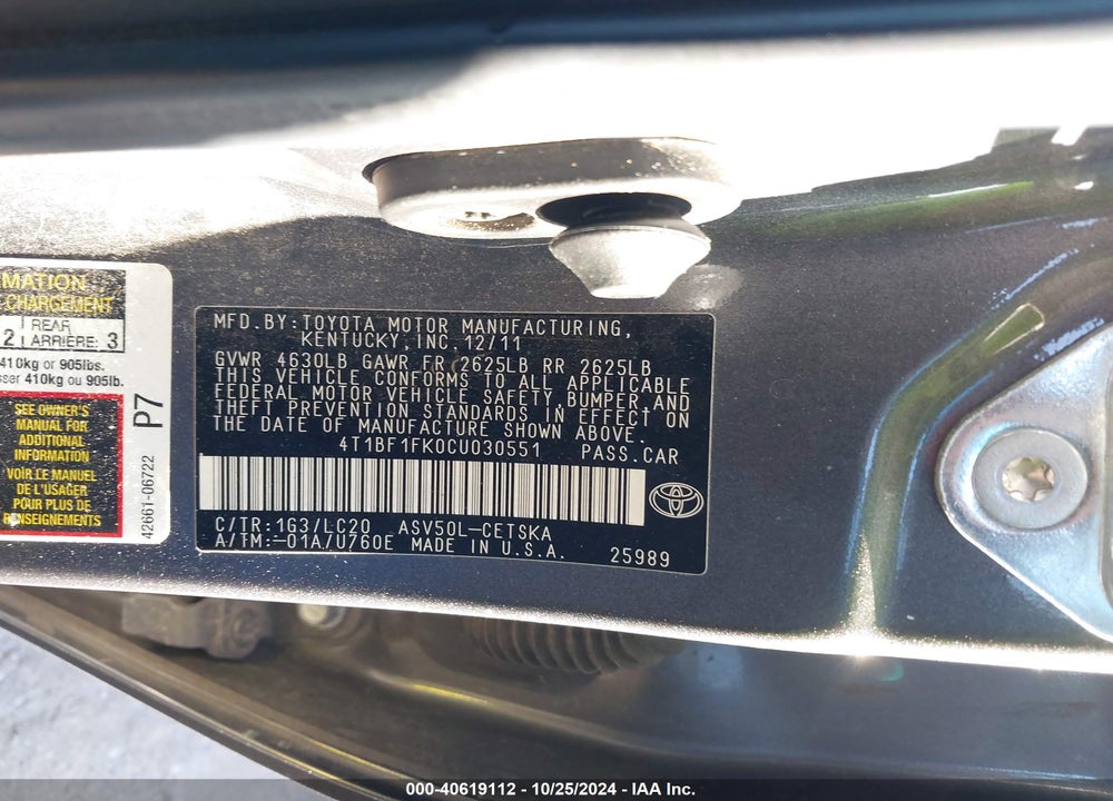 2012 TOYOTA CAMRY SE VIN: 4T1BF1FK0CU030551