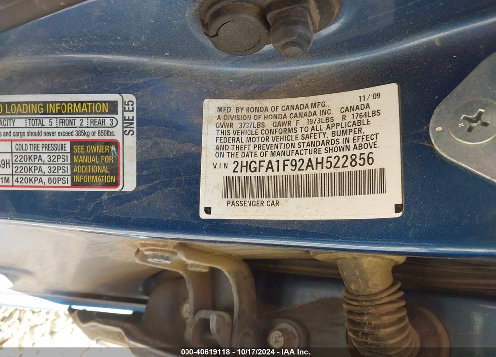 2010 HONDA CIVIC EX-L VIN: 2HGFA1F92AH522856