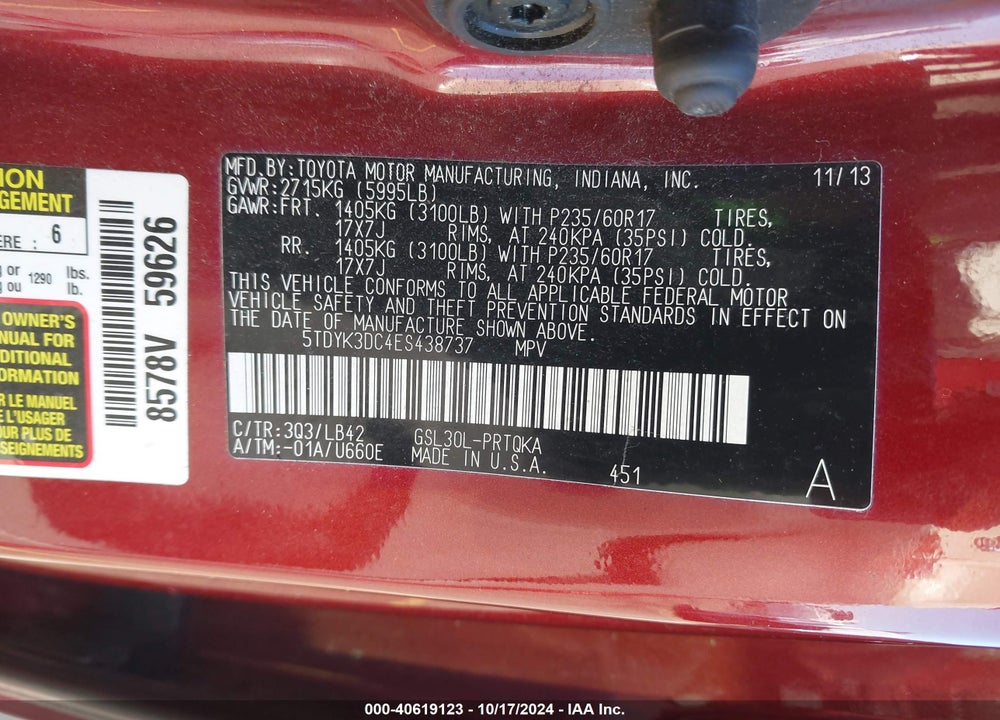 2014 TOYOTA SIENNA XLE V6 8 PASSENGER VIN: 5TDYK3DC4ES438737