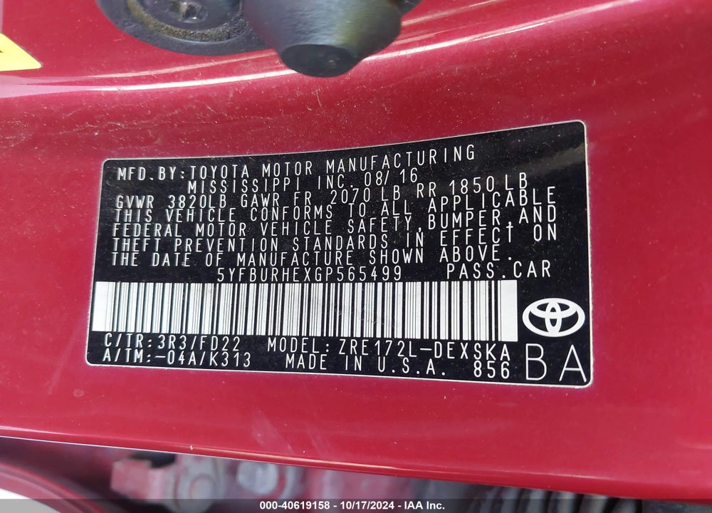 2016 TOYOTA COROLLA S PLUS VIN: 5YFBURHEXGP565499
