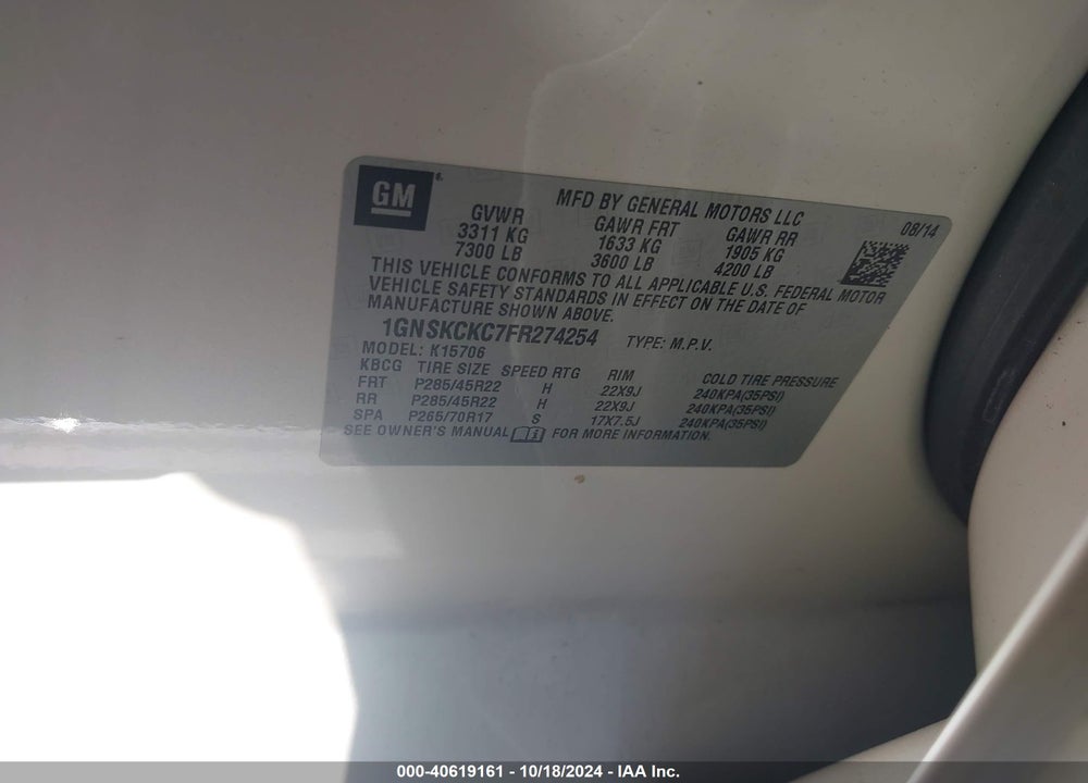 2015 CHEVROLET TAHOE LTZ VIN: 1GNSKCKC7FR274254