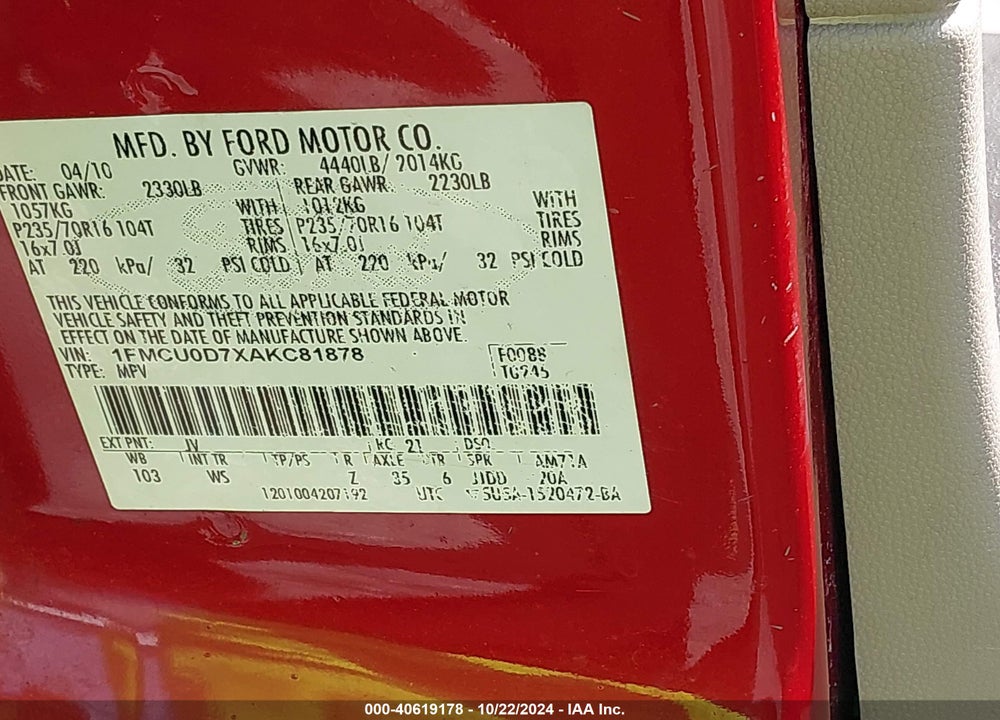 2010 FORD ESCAPE XLT VIN: 1FMCU0D7XAKC81878