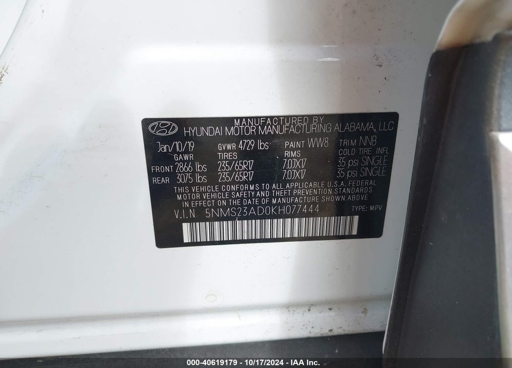 2019 HYUNDAI SANTA FE SE VIN: 5NMS23AD0KH077444