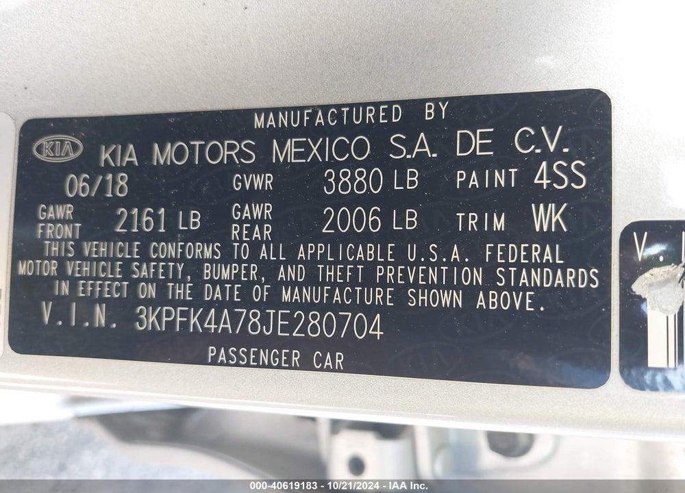 2018 KIA FORTE LX VIN: 3KPFK4A78JE280704