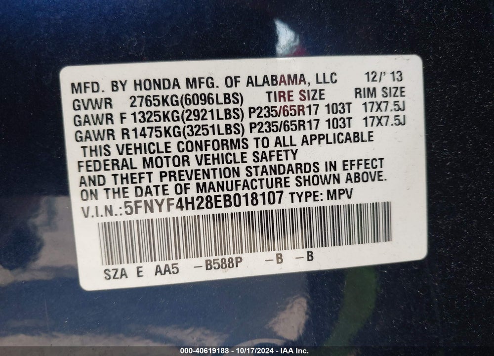 2014 HONDA PILOT LX VIN: 5FNYF4H28EB018107