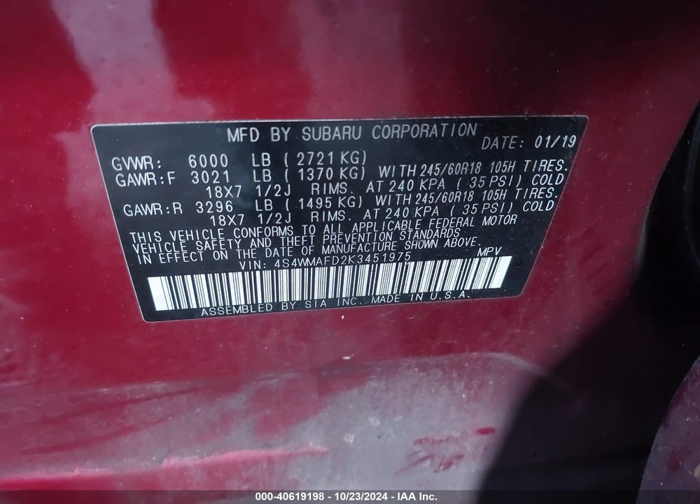 2019 SUBARU ASCENT PREMIUM VIN: 4S4WMAFD2K3451975