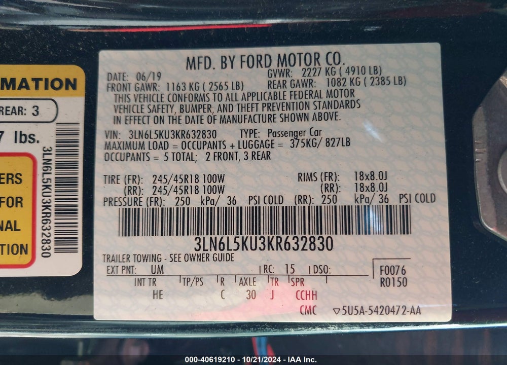 2019 LINCOLN MKZ HYBRID STANDARD VIN: 3LN6L5KU3KR632830