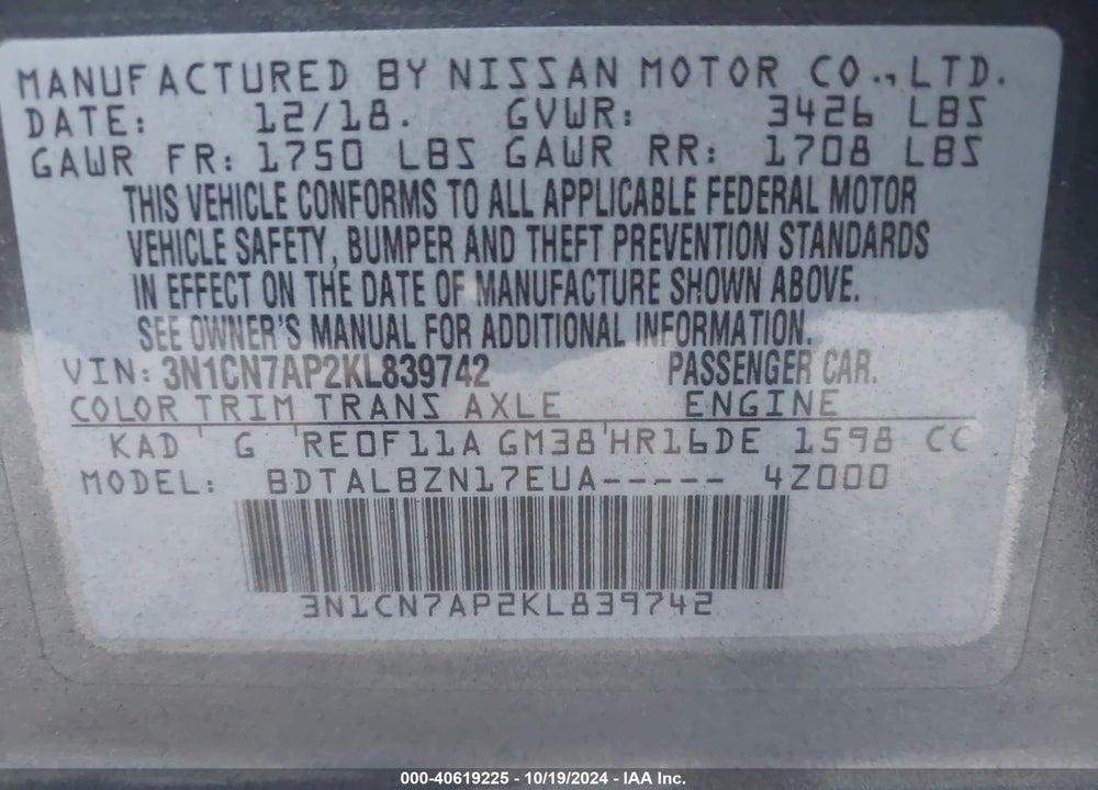 2019 NISSAN VERSA 1.6 SV VIN: 3N1CN7AP2KL839742