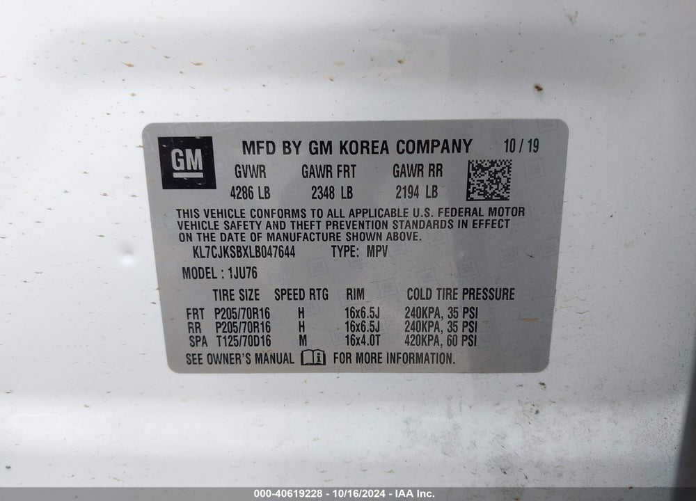 2020 CHEVROLET TRAX FWD LS VIN: KL7CJKSBXLB047644