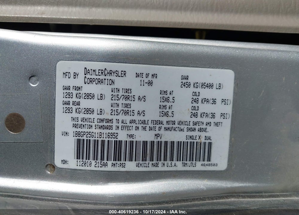 2001 DODGE CARAVAN SE VIN: 1B8GP25G11B116952