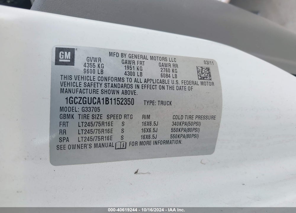 2011 CHEVROLET EXPRESS 3500 WORK VAN VIN: 1GCZGUCA1B1152350