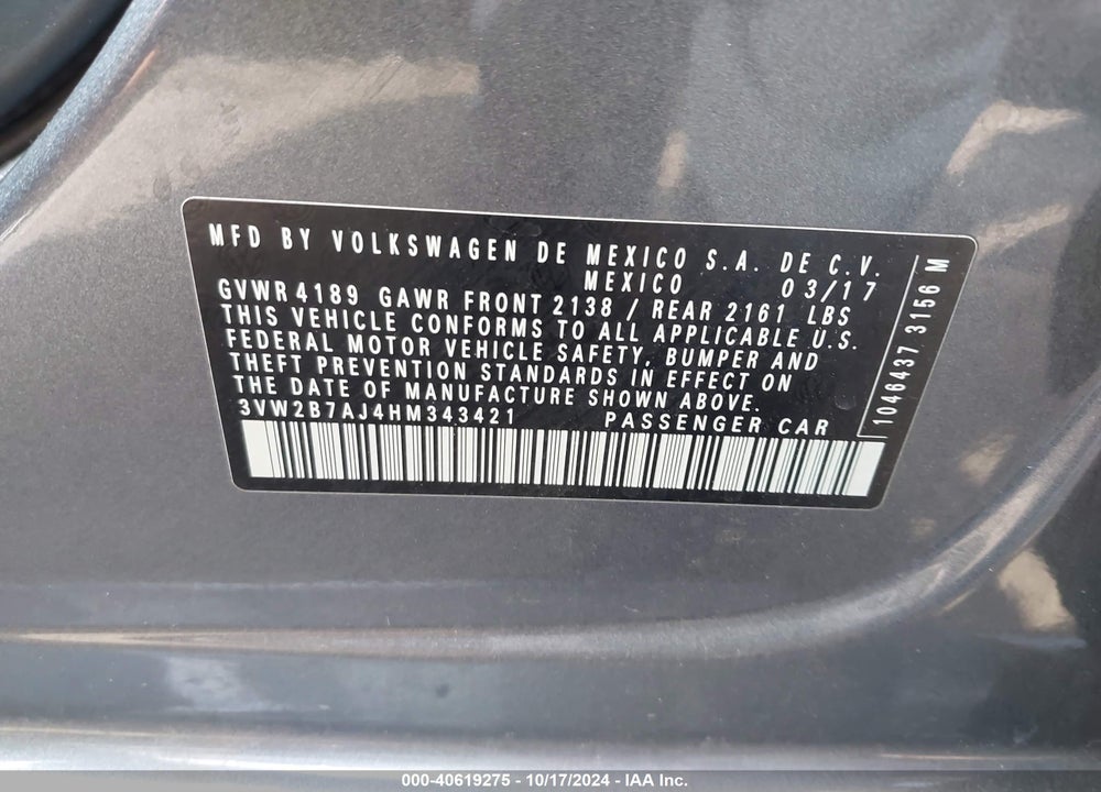 2017 VOLKSWAGEN JETTA 1.4T S VIN: 3VW2B7AJ4HM343421