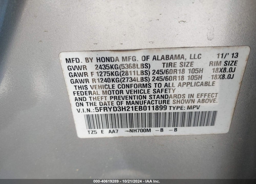 2014 ACURA MDX VIN: 5FRYD3H21EB011899