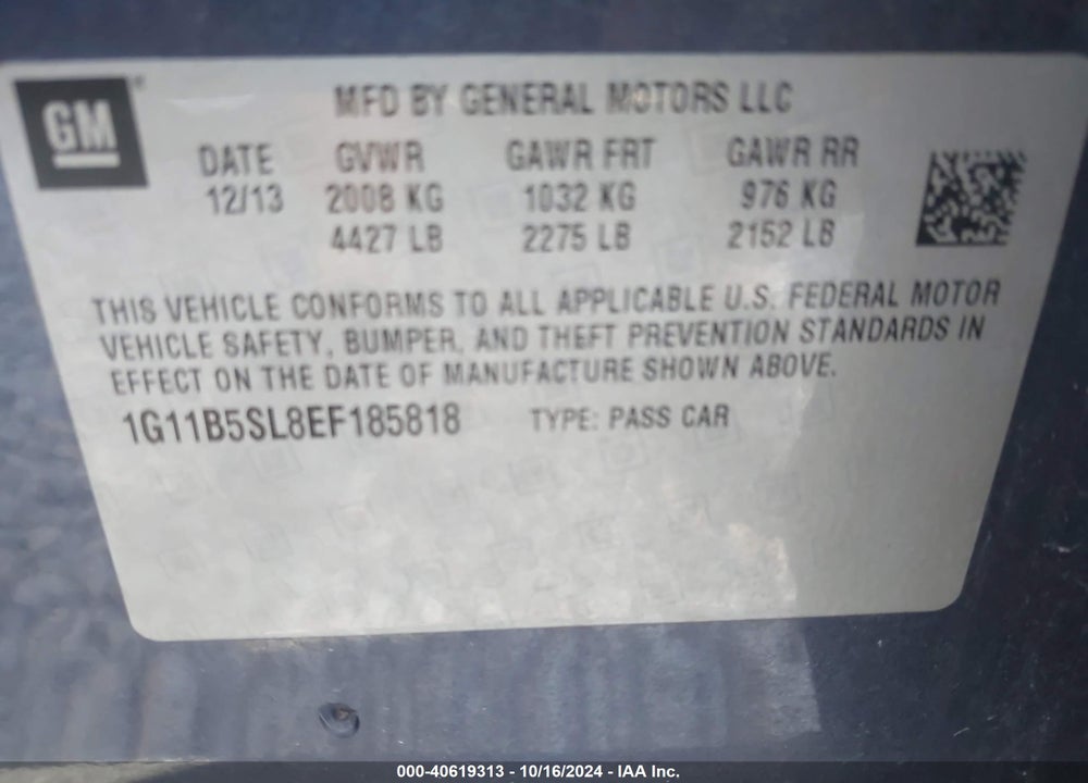2014 CHEVROLET MALIBU 1LS VIN: 1G11B5SL8EF185818