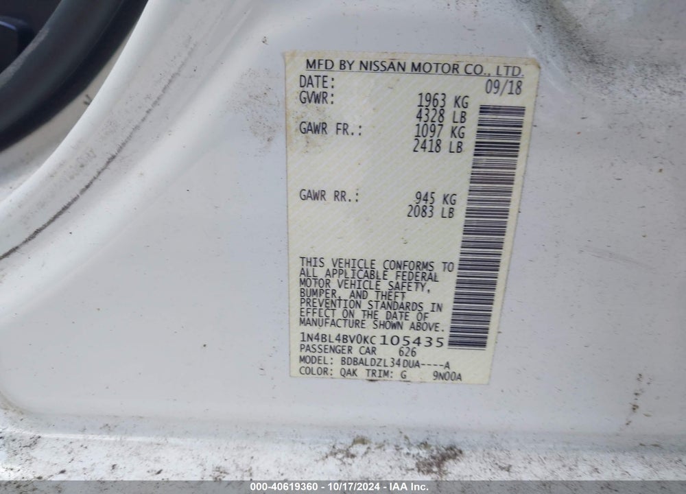 2019 NISSAN ALTIMA 2.5 S VIN: 1N4BL4BV0KC105435