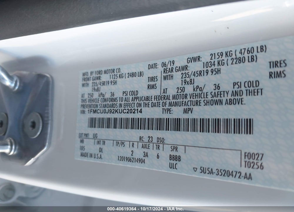 2019 FORD ESCAPE TITANIUM VIN: 1FMCU0J92KUC20214
