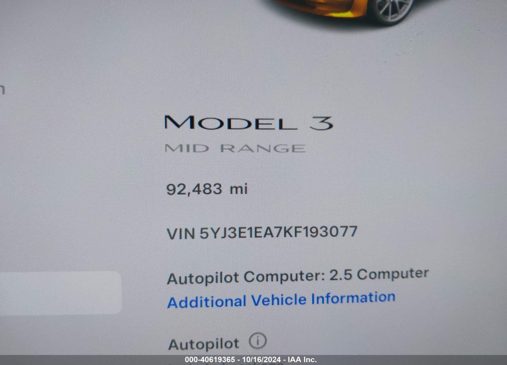 2019 TESLA MODEL 3 LONG RANGE/MID RANGE/STANDARD RANGE/STANDARD RANGE PLUS VIN: 5YJ3E1EA7KF193077