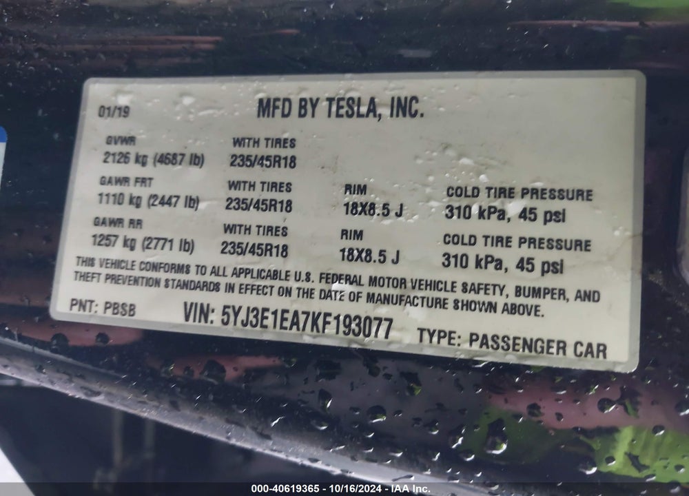 2019 TESLA MODEL 3 LONG RANGE/MID RANGE/STANDARD RANGE/STANDARD RANGE PLUS VIN: 5YJ3E1EA7KF193077