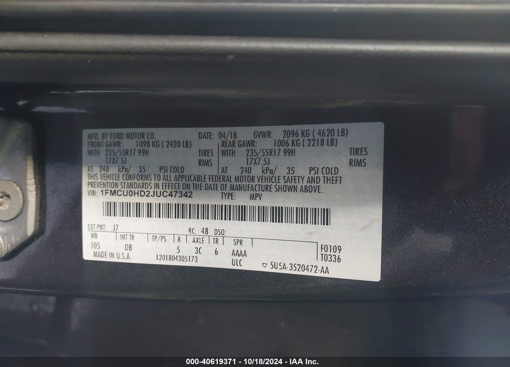 2018 FORD ESCAPE SEL VIN: 1FMCU0HD2JUC47342