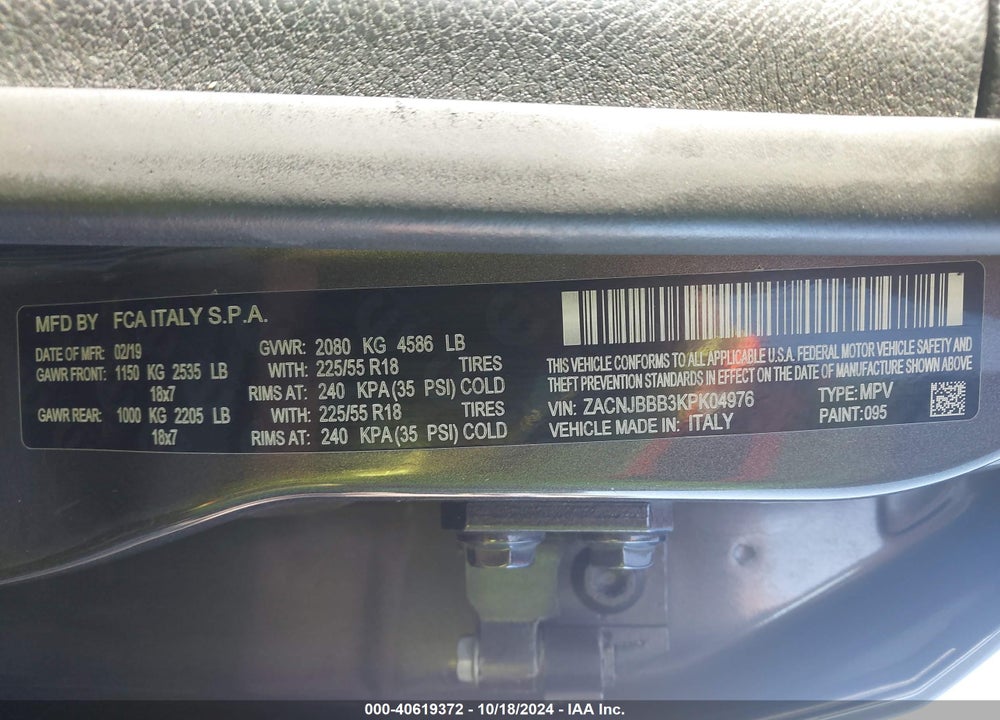 2019 JEEP RENEGADE ALTITUDE 4X4 VIN: ZACNJBBB3KPK04976