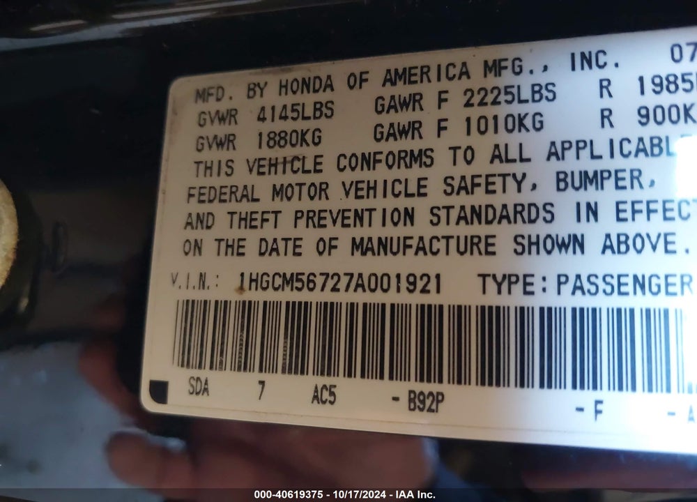 2007 HONDA ACCORD 2.4 EX VIN: 1HGCM56727A001921