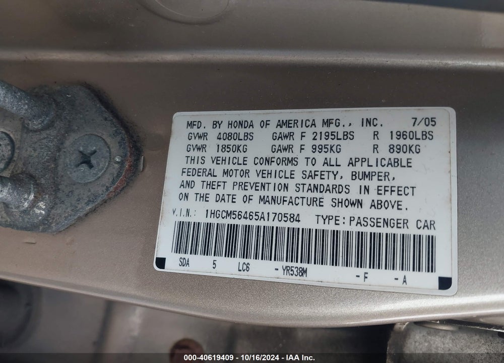 2005 HONDA ACCORD 2.4 LX VIN: 1HGCM56465A170584