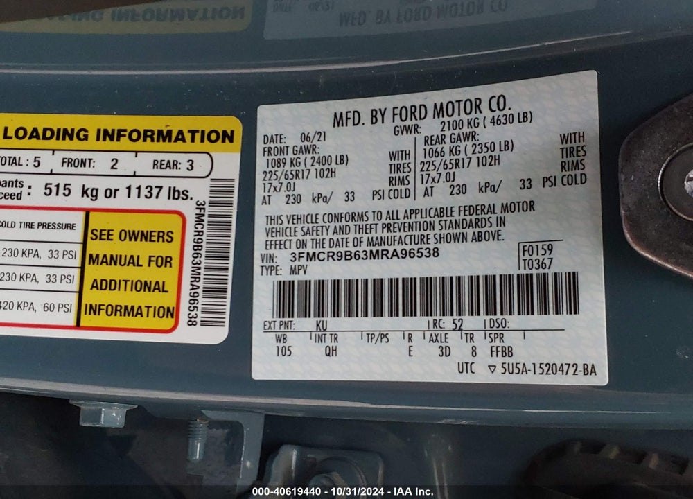 2021 FORD BRONCO SPORT BIG BEND VIN: 3FMCR9B63MRA96538