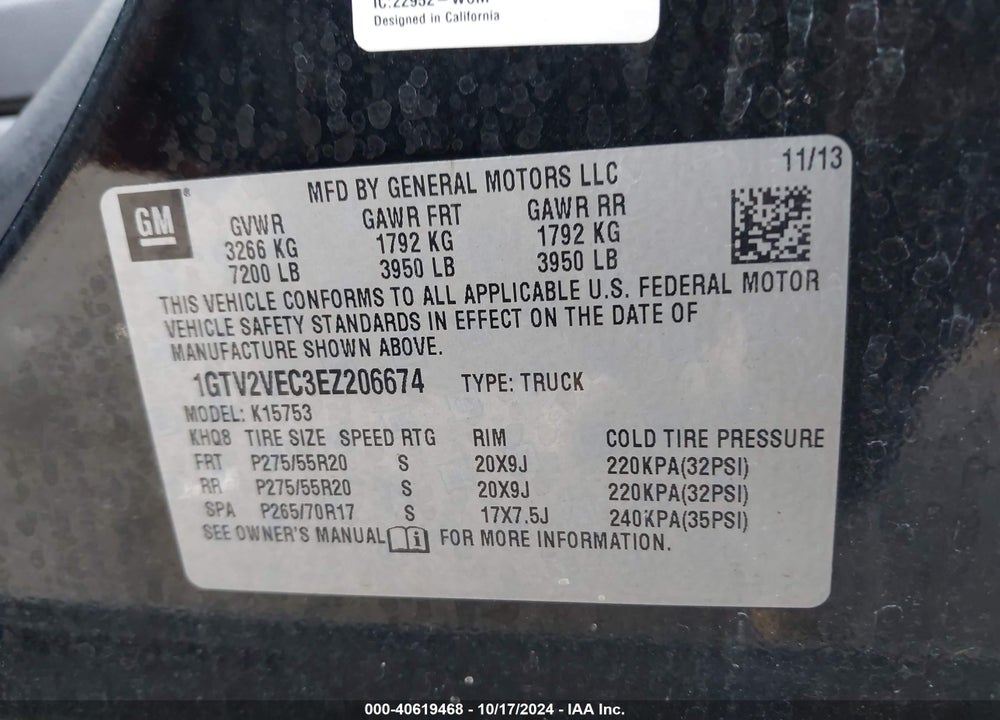 2014 GMC SIERRA 1500 SLT VIN: 1GTV2VEC3EZ206674