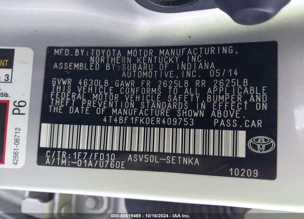 2014 TOYOTA CAMRY LE VIN: 4T4BF1FK0ER409753