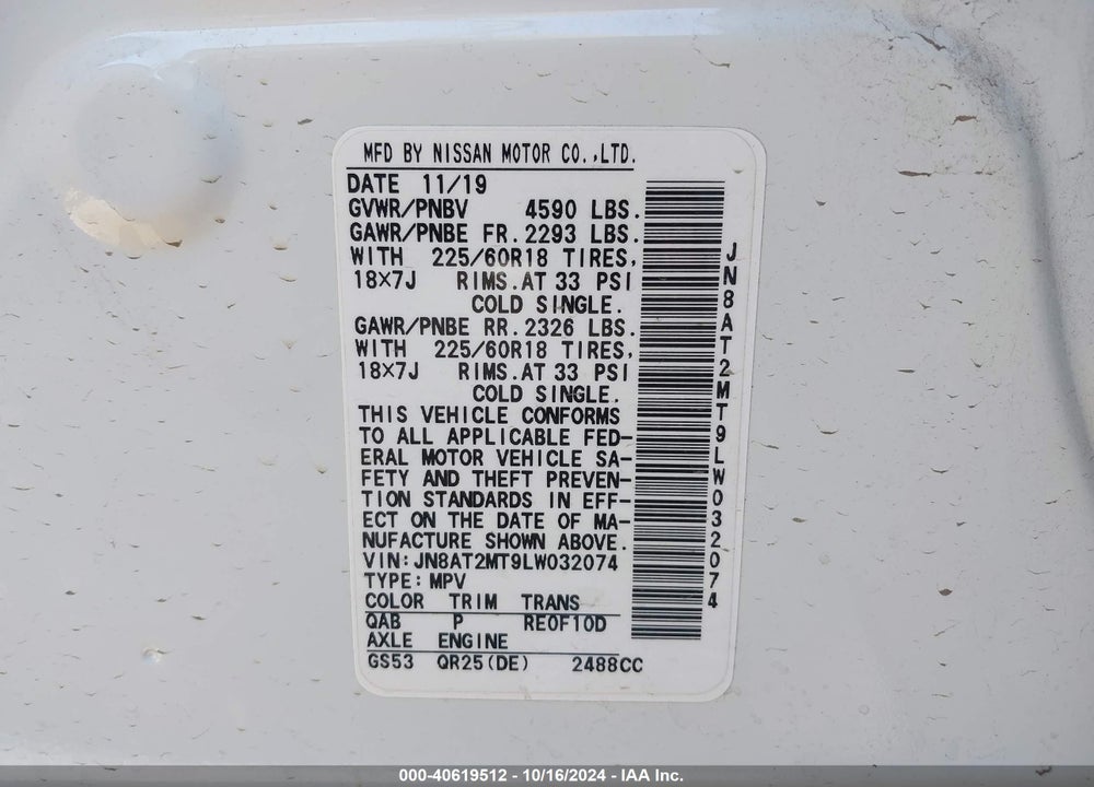 2020 NISSAN ROGUE SV FWD VIN: JN8AT2MT9LW032074