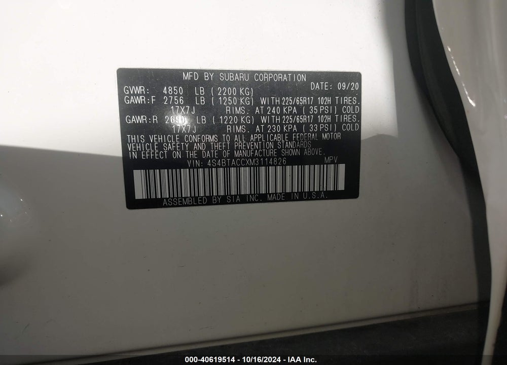 2021 SUBARU OUTBACK VIN: 4S4BTACCXM3114826