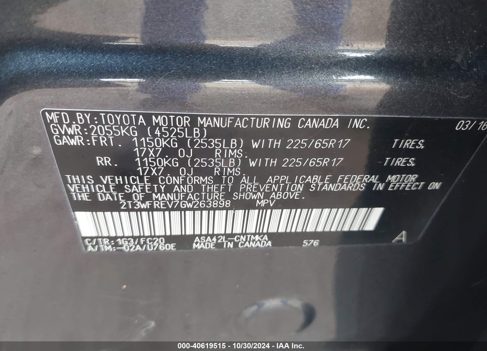 2016 TOYOTA RAV4 XLE VIN: 2T3WFREV7GW263898
