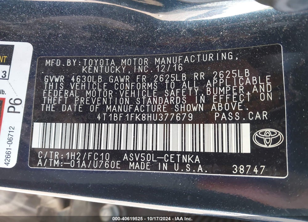 2017 TOYOTA CAMRY LE VIN: 4T1BF1FK8HU377679