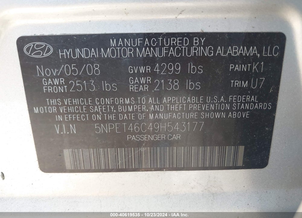2009 HYUNDAI SONATA GLS VIN: 5NPET46C49H543177