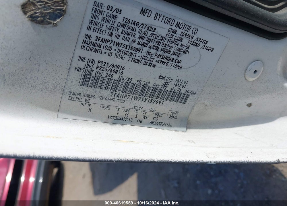 2005 FORD CROWN VICTORIA POLICE VIN: 2FAHP71W75X152091