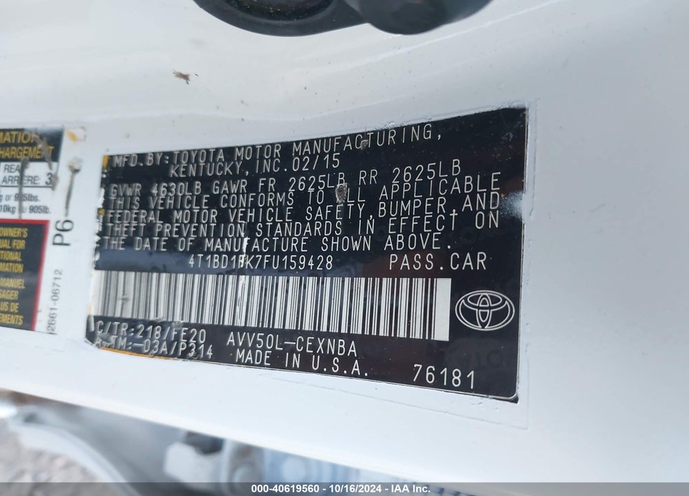 2015 TOYOTA CAMRY HYBRID LE VIN: 4T1BD1FK7FU159428