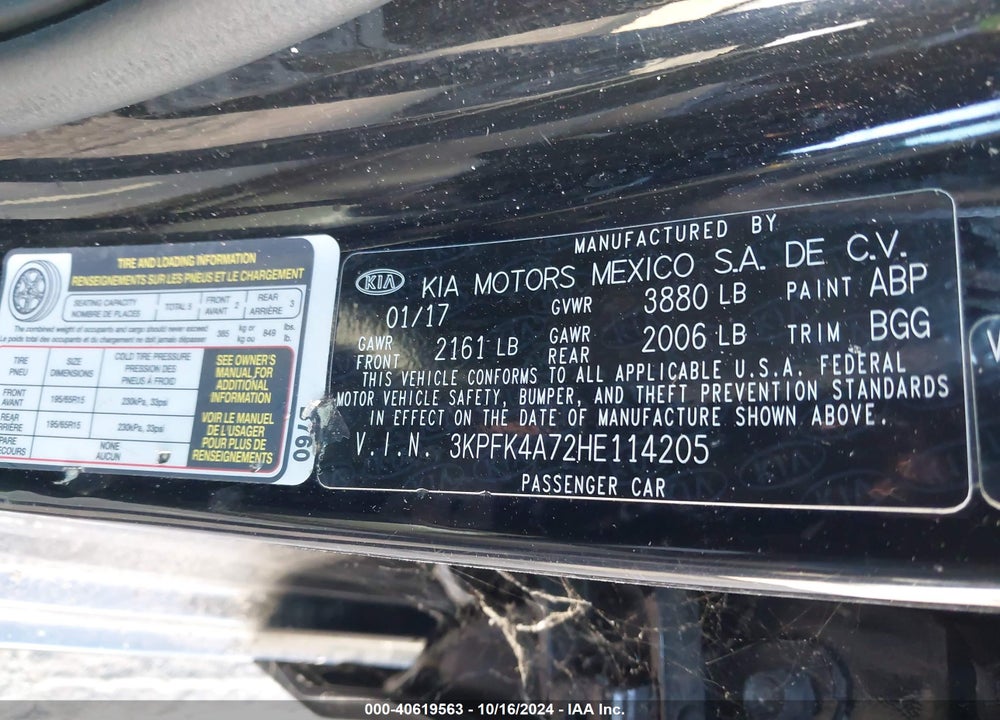 2017 KIA FORTE LX VIN: 3KPFK4A72HE114205