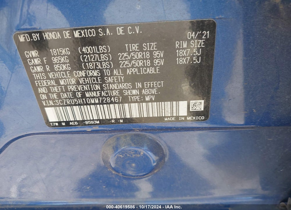 2021 HONDA HR-V 2WD SPORT VIN: 3CZRU5H10MM728467