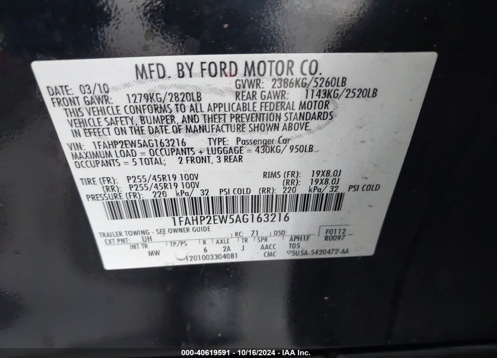 2010 FORD TAURUS SEL VIN: 1FAHP2EW5AG163216