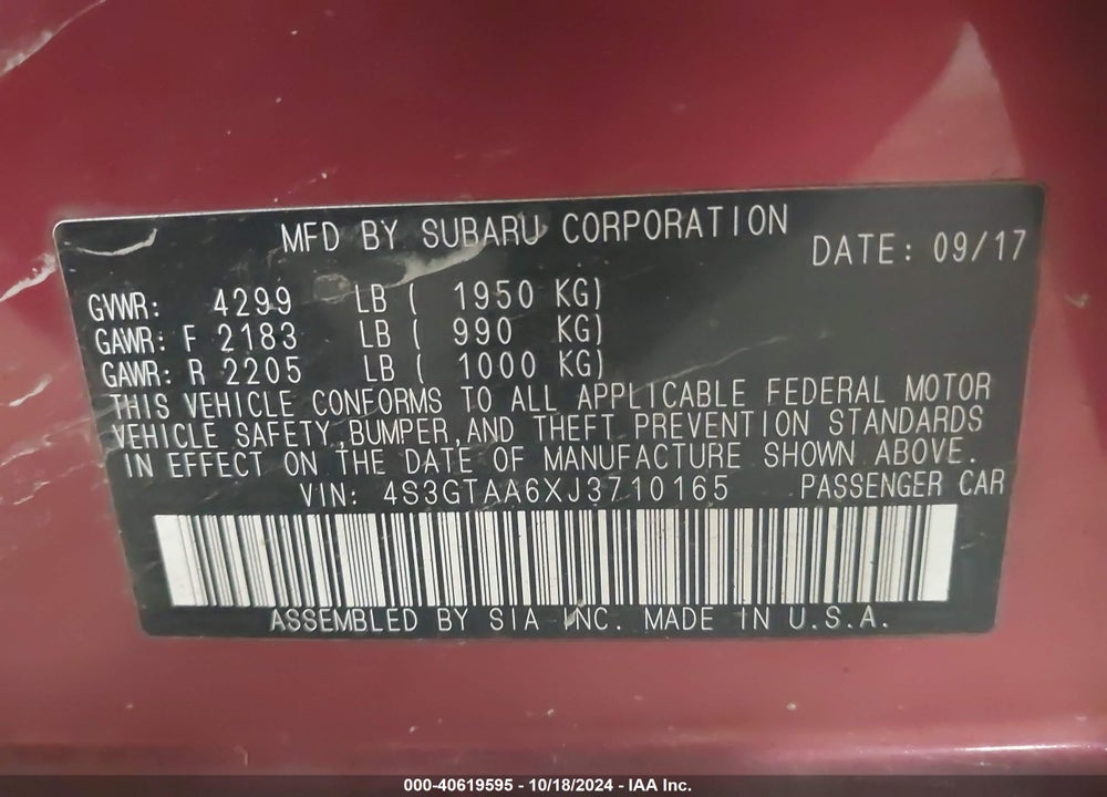 2018 SUBARU IMPREZA 2.0I VIN: 4S3GTAA6XJ3710165