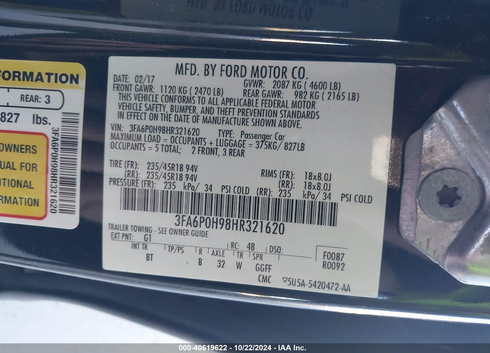 2017 FORD FUSION SE VIN: 3FA6P0H98HR321620
