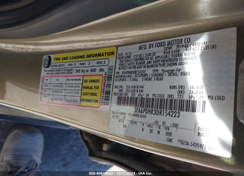 2013 FORD FUSION SE VIN: 3FA6P0HR3DR154223