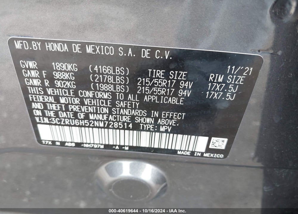 2022 HONDA HR-V AWD EX VIN: 3CZRU6H52NM728514