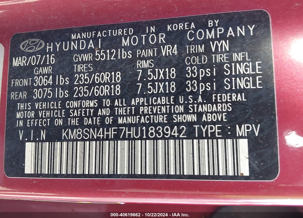 2017 HYUNDAI SANTA FE SE VIN: KM8SN4HF7HU183942