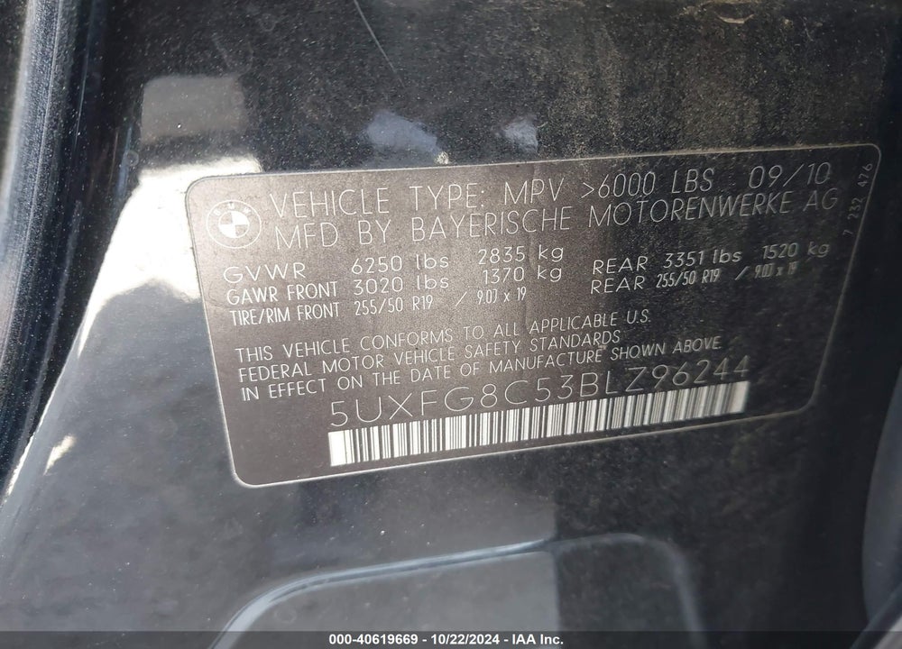 2011 BMW X6 XDRIVE50I VIN: 5UXFG8C53BLZ96244