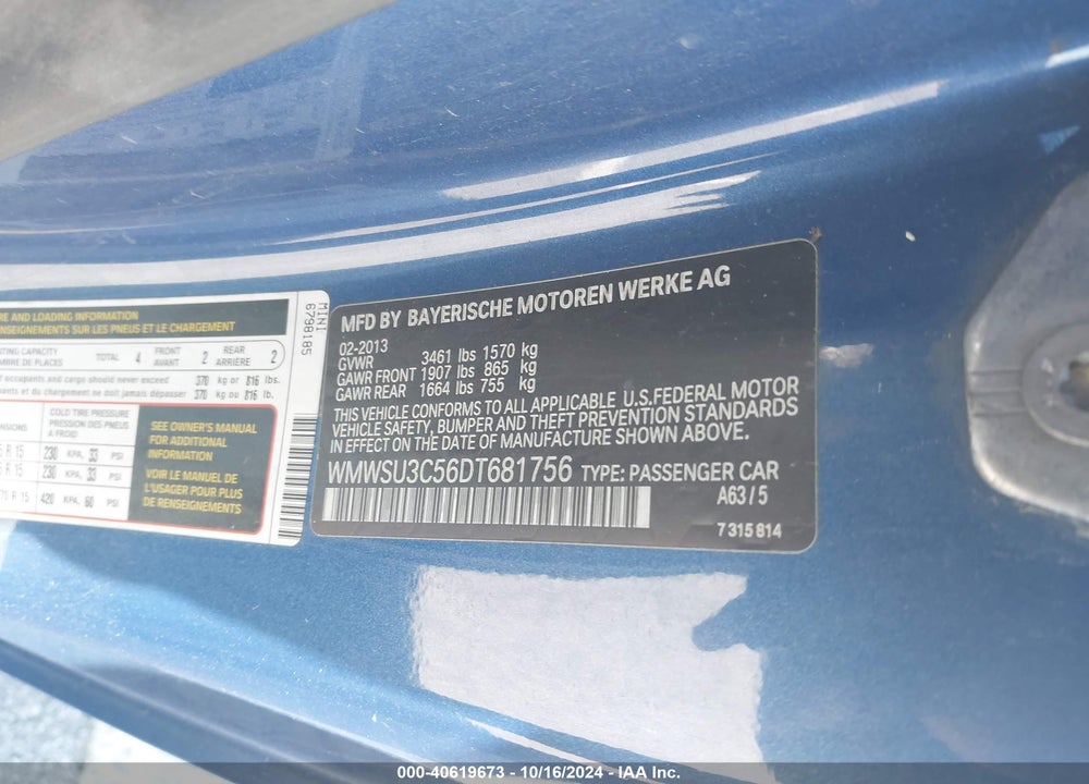 2013 MINI HARDTOP COOPER VIN: WMWSU3C56DT681756